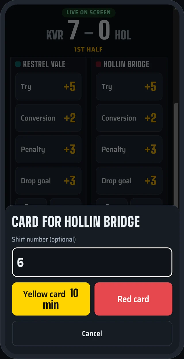 Card for Hollin Bridge: shirt number 6, yellow or red