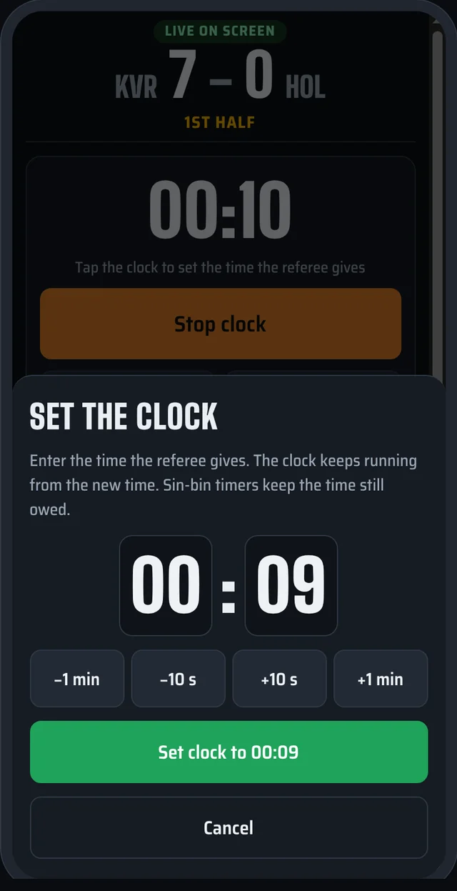 Set the clock: minutes and seconds with nudge buttons