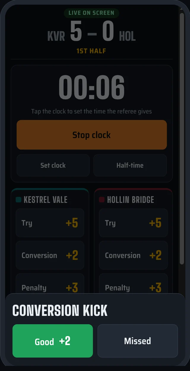 Conversion kick: Good or Missed