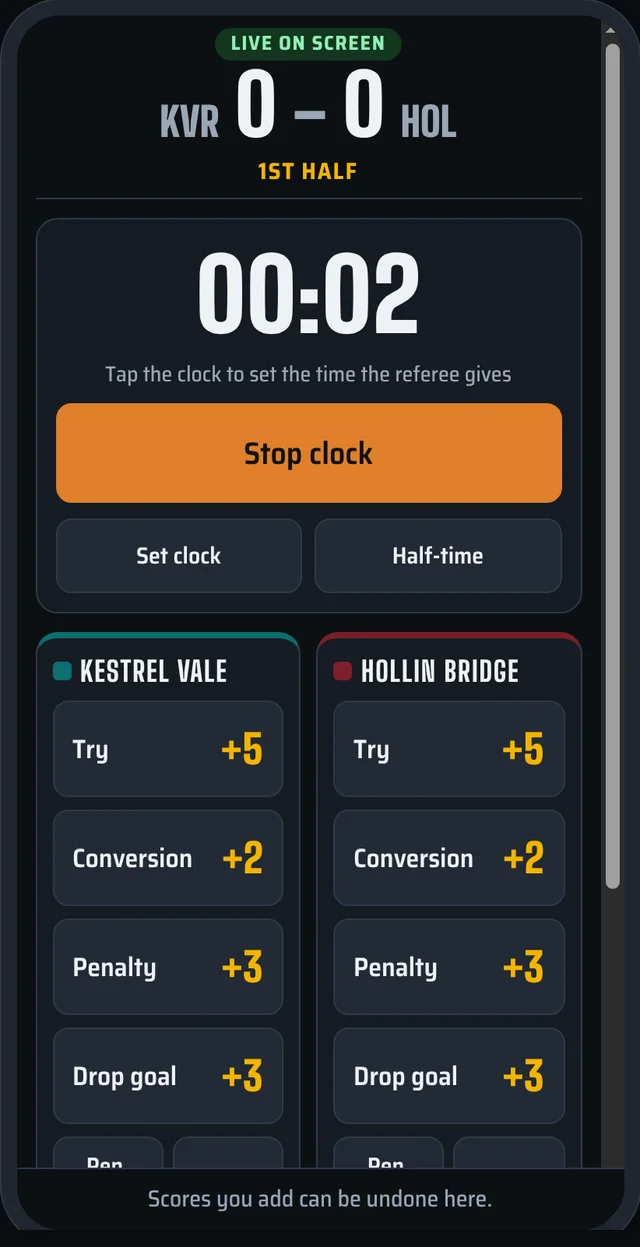 The scorer’s phone: the clock, and big buttons for try, conversion, penalty and drop goal for each team