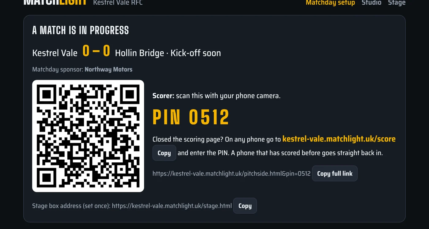Matchday setup: a match in progress, with a QR code and PIN for the scorer and an End this match button
