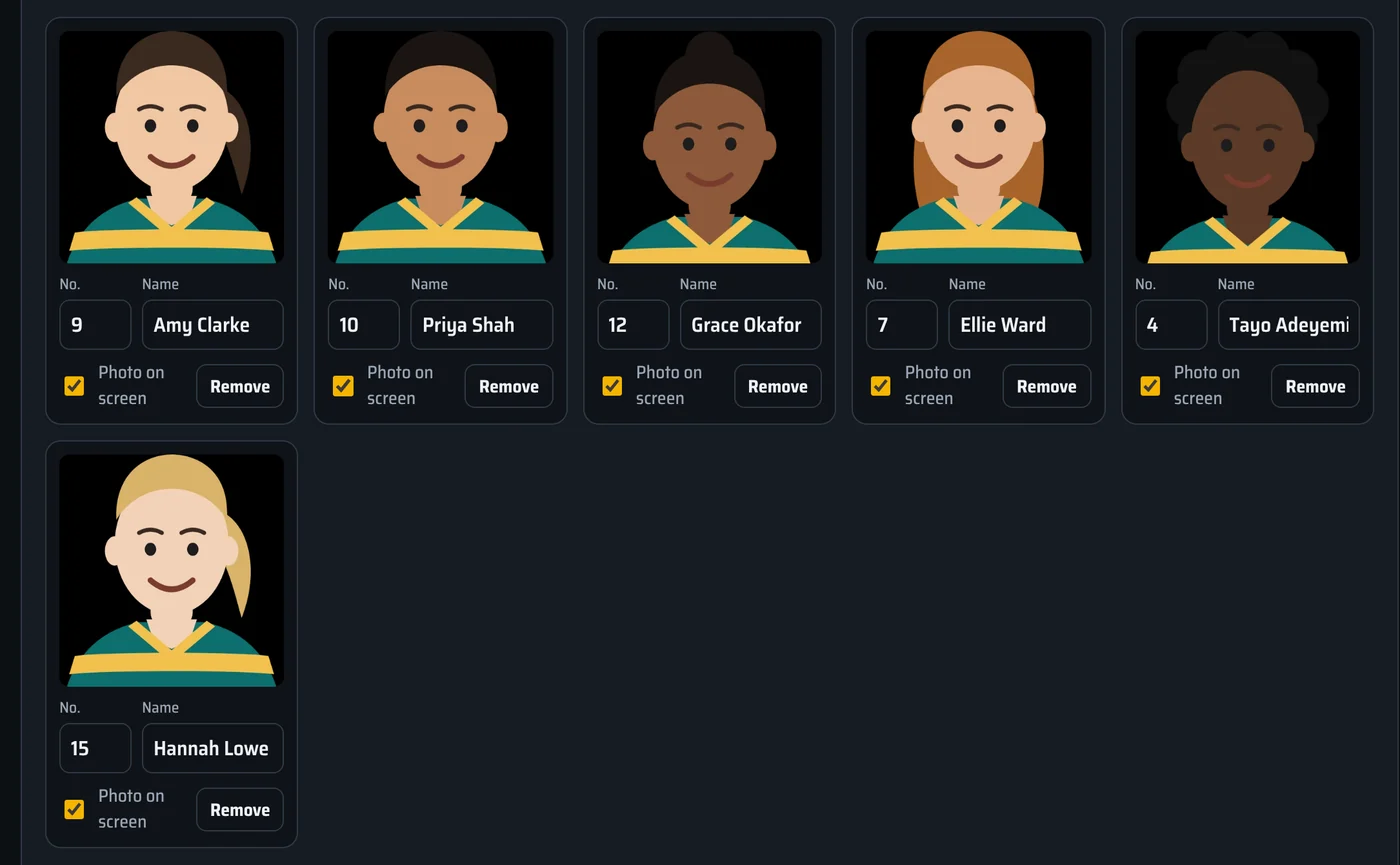 Studio: a squad of players, each with a photo, a shirt number and a name